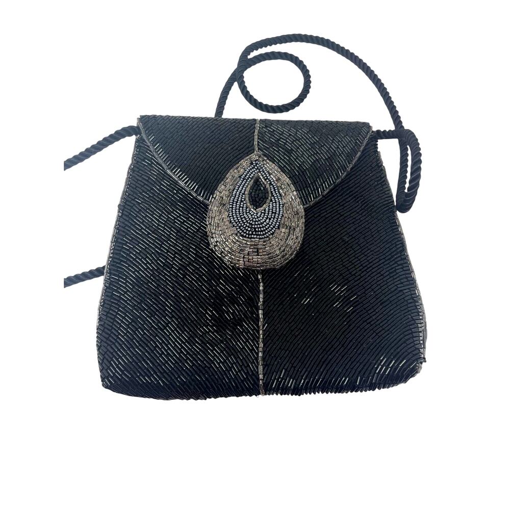 Vintage Christian Livingston Purse Handbag Beaded Purse Black Silver Red w Strap